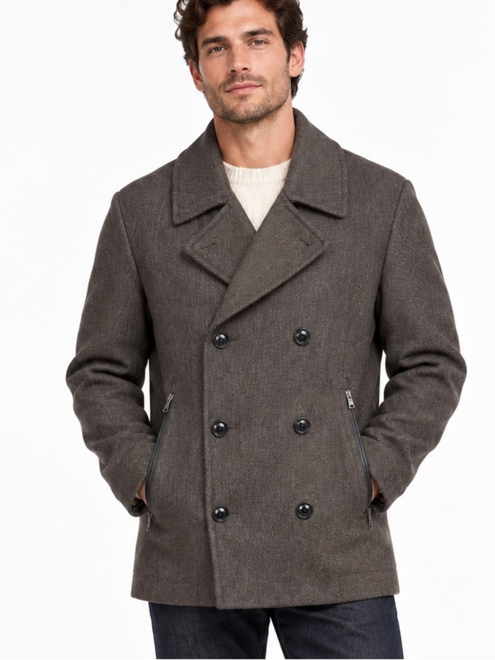 M&S Limited Edition Men’s Brown Herringbone Wool Blend Peacoat – Medium
